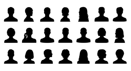 Vector art of collection of diverse head silhouettes, representing various genders, ages, and hairstyles for user profile or social media avatars