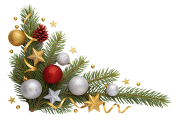 Isolated festive Christmas corner arrangement features green pine branches, glistening gold, silver baubles, vibrant red ornaments, shiny stars, and golden ribbons.