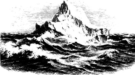 Engraving of an iceberg in the ocean. Vintage hand-drawn illustration showcasing black outlines in a classic seascape vector.