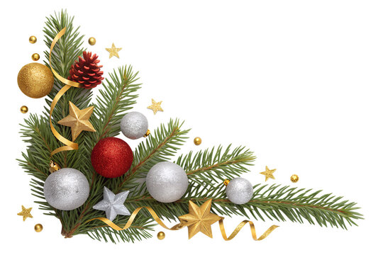 Isolated festive Christmas corner arrangement features green pine branches, glistening gold, silver baubles, vibrant red ornaments, shiny stars, and golden ribbons.