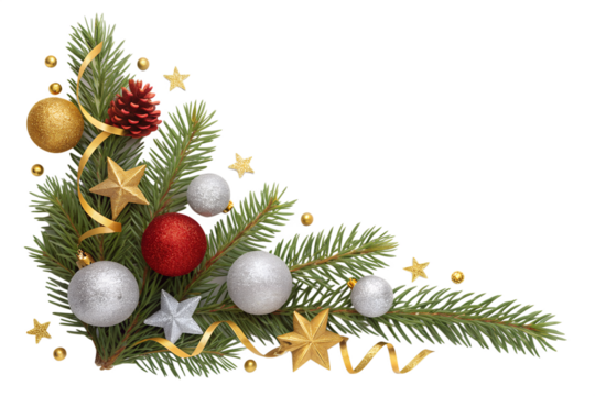 Isolated festive Christmas corner arrangement features green pine branches, glistening gold, silver baubles, vibrant red ornaments, shiny stars, and golden ribbons. - Powered by Adobe