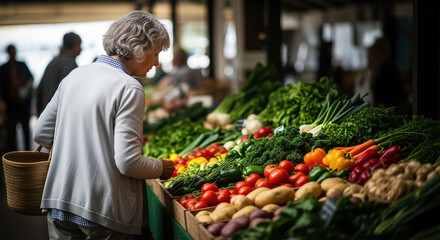 Senior woman choosing fresh vegetables at a farmers market. Active elderly person shopping for healthy organic food. Nutrition and local produce concept