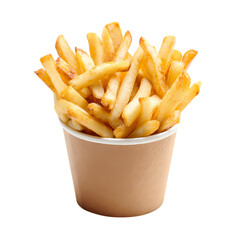 a white paper cup filled with French fries isolated on transparent background