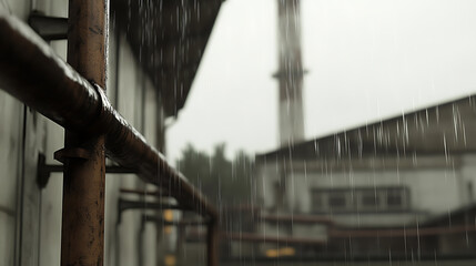 Rain cascades around weathered industrial pipes, blurring distant structures on a gray day. Focus is on the foreground, where water streams down, creating a somber, atmospheric scene.