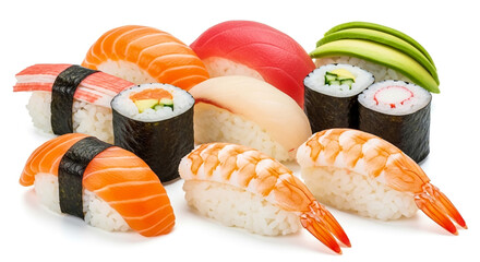 Assorted sushi platter with salmon tuna shrimp and avocado on white background