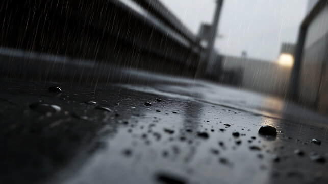 Rain falls in blurred streaks, creating a moody atmosphere. Water droplets create abstract patterns on the ground reflecting the overcast sky, adding depth and texture.