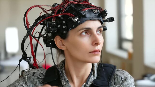 Brain-computer interface job neural links control, work mind, future labor, photorealistic spied by a neurotech work artist.