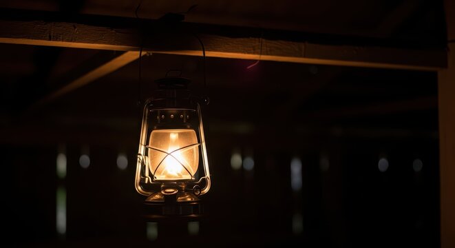 Rustic lantern hanging in dimly lit wooden shelter