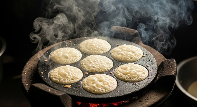 Close-up photo showing multiple pancakes or hotcakes cooking and bubbling on a griddle or frying pan, ready to be flipped. Represents breakfast, cooking, and home kitchen activity.