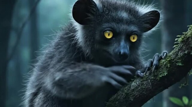 Aye-aye Climbing Tree at Night &ndash; Nocturnal Primate 4K AI