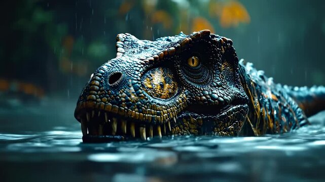 Fearsome Dinosaur Predator Head Emerging From Murky Water.