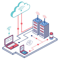 Isometric illustration of cloud computing, data storage, and server infrastructure for network communication and data transfer