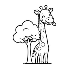 Cute Cartoon Giraffe Eating Leaf by a Tree - Savannah Animal Clipart