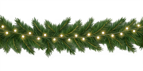 Green fir Christmas garland decorated with glowing yellow string lights, perfectly isolated on a transparent background for festive holiday designs.