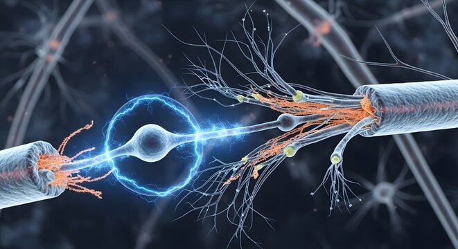 A detailed digital illustration showing a neuron transmitting electrical signals across synapses in the nervous system