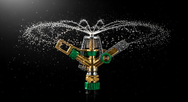 Garden lawn sprinkler watering system spraying water on a black background