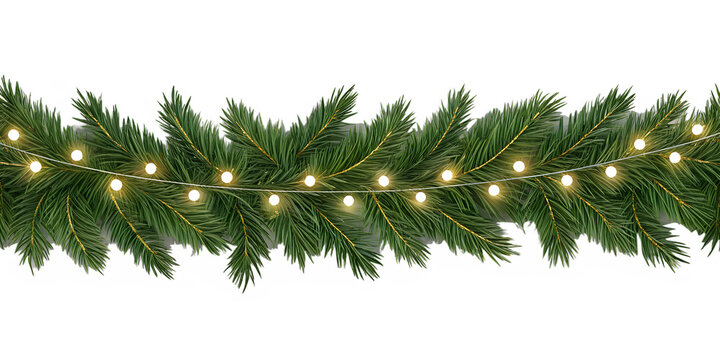 Green fir Christmas garland decorated with glowing yellow string lights, perfectly isolated on a transparent background for festive holiday designs.