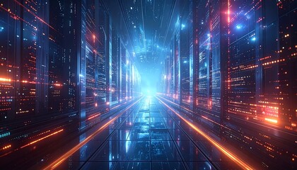 Abstract futuristic data center hallway with glowing lines and servers visualization