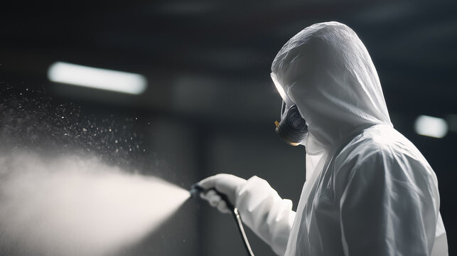 decontamination. A white hazmat suit being sprayed with mist in a clean room. safety posters, maintenance manuals, designed for precision metalworking and fabrication facilities.