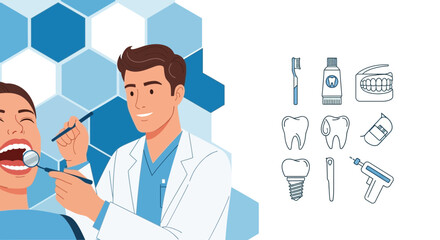 Vector illustration of a dentist examining a patient with dental equipment and dental care items