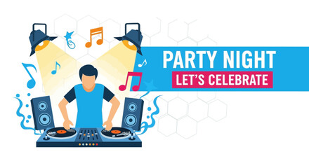 Vibrant party invitation illustration featuring a dj and music elements concept