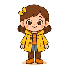 Obraz premium Cute cartoon girl character in yellow coat vector illustration
