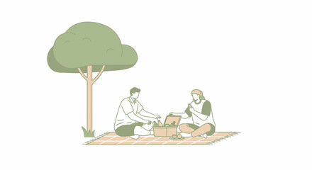 Couple enjoying picnic under a tree on a sunny day illustration vector graphic design perfect for