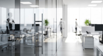Modern office interior design with glass door and blurred office background