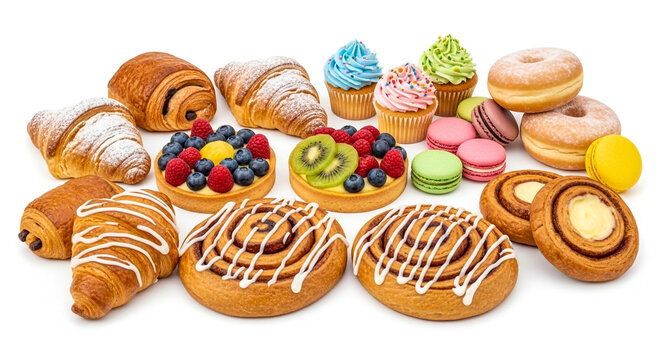 Delicious pastries and baked goods assortment croissants tarts donuts cupcakes
