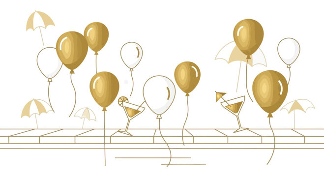 Festive golden balloons and cocktail glasses celebration vector illustration isolated on white
