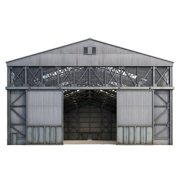 Large industrial metal hangar with open sliding doors on a white background.