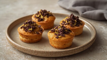 Sweet Treats Arrangement, Golden Brown Baked Goods with Rich Chocolate and Green Accents.