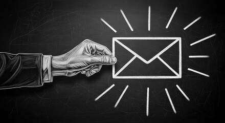 A hand holding a chalk drawing of an envelope on a blackboard, symbolizing email, communication, and information delivery in a classic, monochrome style