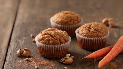 Sweet Treats Delicious Dessert, Three Muffins with Nuts and Carrots on Rustic Wooden Surface.