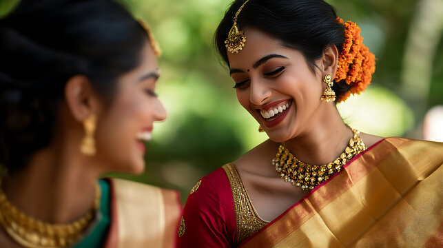 Two women dressed in traditional attire, sharing a joyful moment of laughter and camaraderie. The gold jewelry and bright colors accentuate the celebration and friendship.