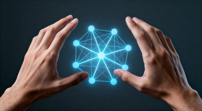 Futuristic network connection concept with illuminated geometric structure between two hands