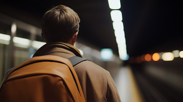 A solitary figure stands on the platform, backpack in tow, bathed in the soft glow of the subway lights, awaiting the arrival of the train, ready for the journey ahead.