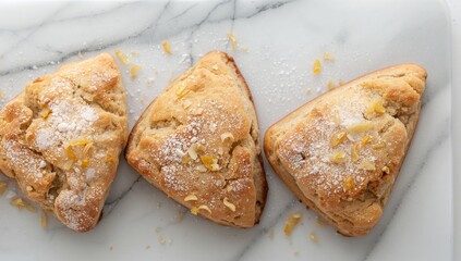 Triangular Confection Arrangements on Textured Surface, with Hints of Luminous Tones.