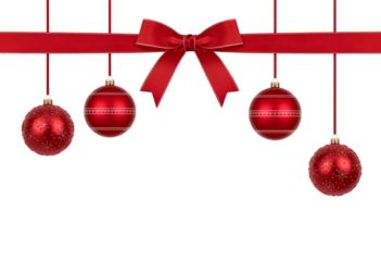 Red hanging Christmas balls decoration with festive gift ribbon band.