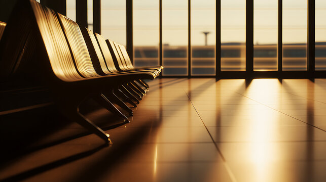 A row of empty seats in an airport waiting area bathed in the warm glow of sunset. The scene exudes tranquility and anticipation, with reflections dancing across the polished floor.