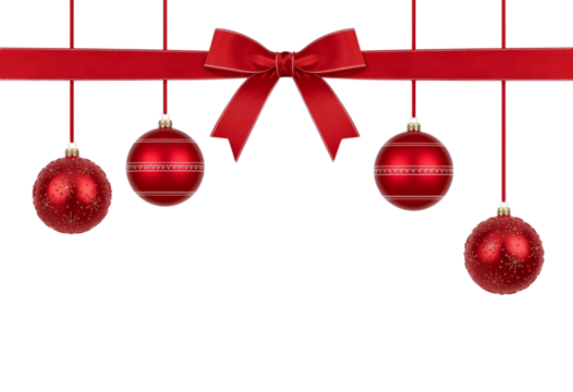 Red hanging Christmas balls decoration with festive gift ribbon band.