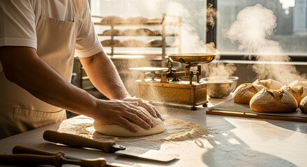 Professional baker kneading fresh bread dough on wooden surface with flour dust floating in sunlit commercial bakery kitchen with golden scale and finished artisan loaves cooling on rack