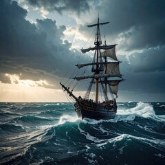 Obraz premium Sailing Vessel Navigating Turbulent Ocean Waters Under Dramatic Cloudy Sky with Sunlight