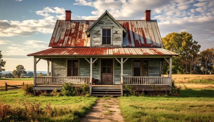 Dilapidated Rural House with Rusty Roof and Wooden Porch Set Against a Cloudy Sky in Daytime