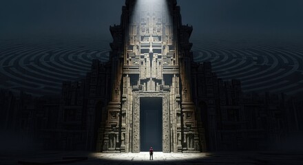A lone figure stands before a colossal, intricately carved gateway, bathed in a beam of light piercing the darkness, hinting at a hidden world beyond the labyrinthine maze