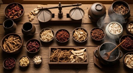 Traditional Chinese medicine herbs and roots displayed in ceramic bowls with vintage wooden balance scale and clay teapot steaming on rustic wooden table for holistic healing preparation