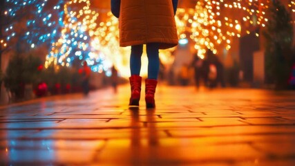A person standing on a wet street with festive lights at night, the lights reflect beautifully off the wet ground. The person is dressed in winter clothing with red boots