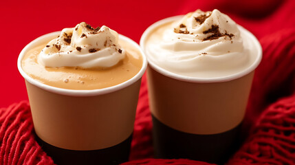 Two paper cups of coffee with whipped cream, and a sprinkle of chocolate on top. Placed on a red wool blanket. Warm beverages perfect for a cold day. Tasty, sweet, and comforting.