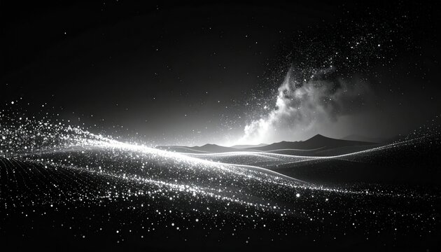 Black and white landscape with a shimmering, starry night sky