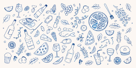 Whimsical hand drawn food and drink elements collection with fruits vegetables and wine bottles